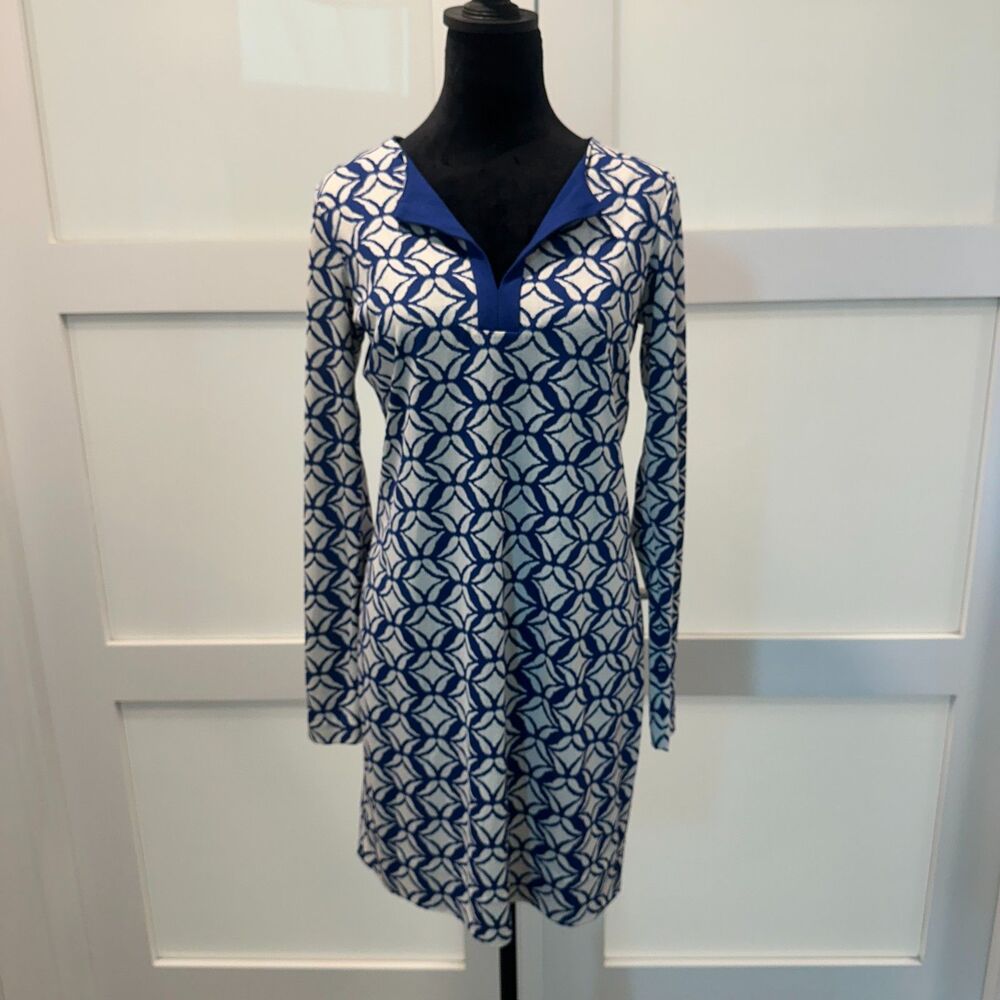 Diane von Furstenberg DVF Reina 100% Silk Split Neck Dress Blue White Size 8